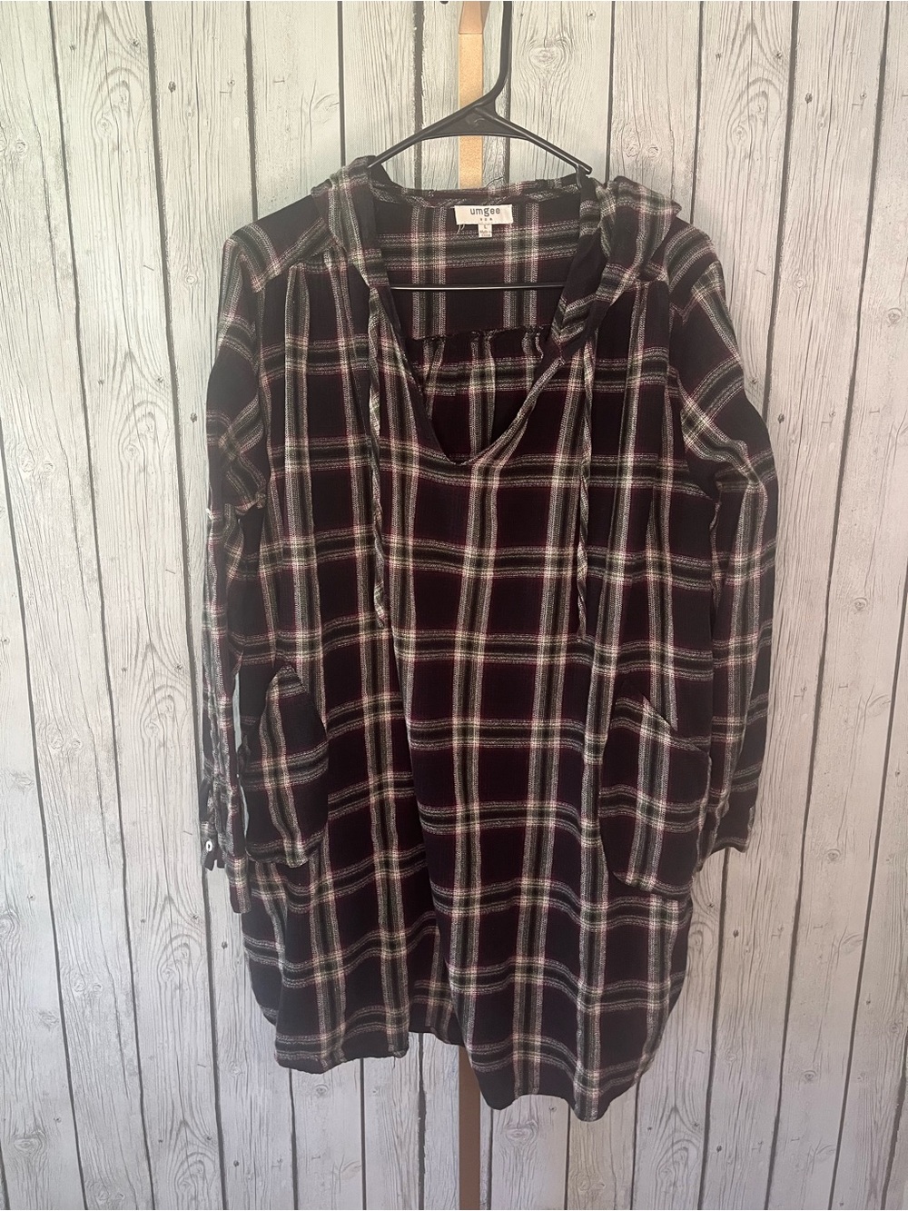 Umgee Black Burgundy Plaid Hooded Tunic Top Oversized large